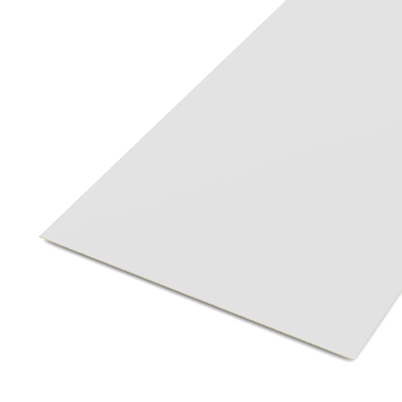 A large, blank white sheet, shown at an angle against a plain background, resembles Go Build’s 3/4 in. x 4 ft. x 8 ft. White Melamine—durable and ideal for cabinet carcases and furniture.